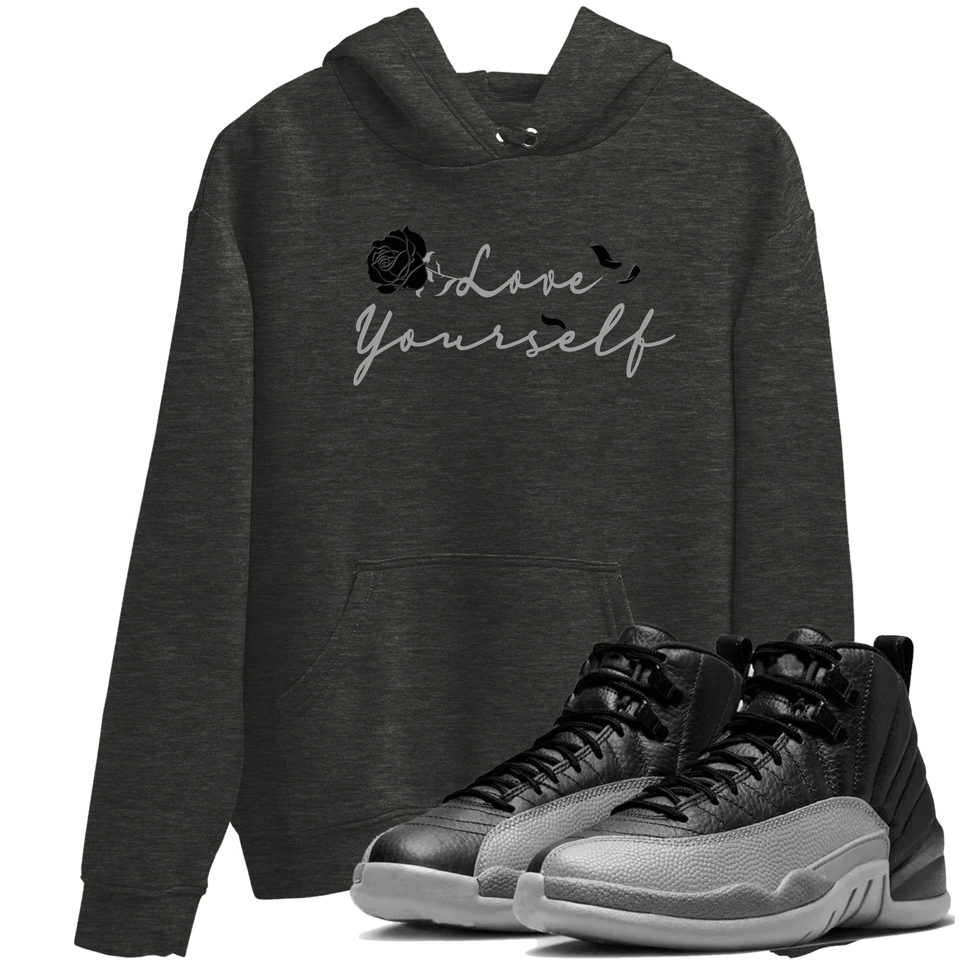 12s Black Wolf Grey shirts to match jordans Love Yourself sneaker match tees Air Jordan 12 Black Wolf Grey match shoes to clothes SNRT Sneaker Tees unisex cotton Charcoal Heather 1 shirts