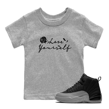 12s Black Wolf Grey shirts to match jordans Love Yourself sneaker match tees Air Jordan 12 Black Wolf Grey match shoes to clothes SNRT Sneaker Tees Youth Baby Heather Grey 1 tee
