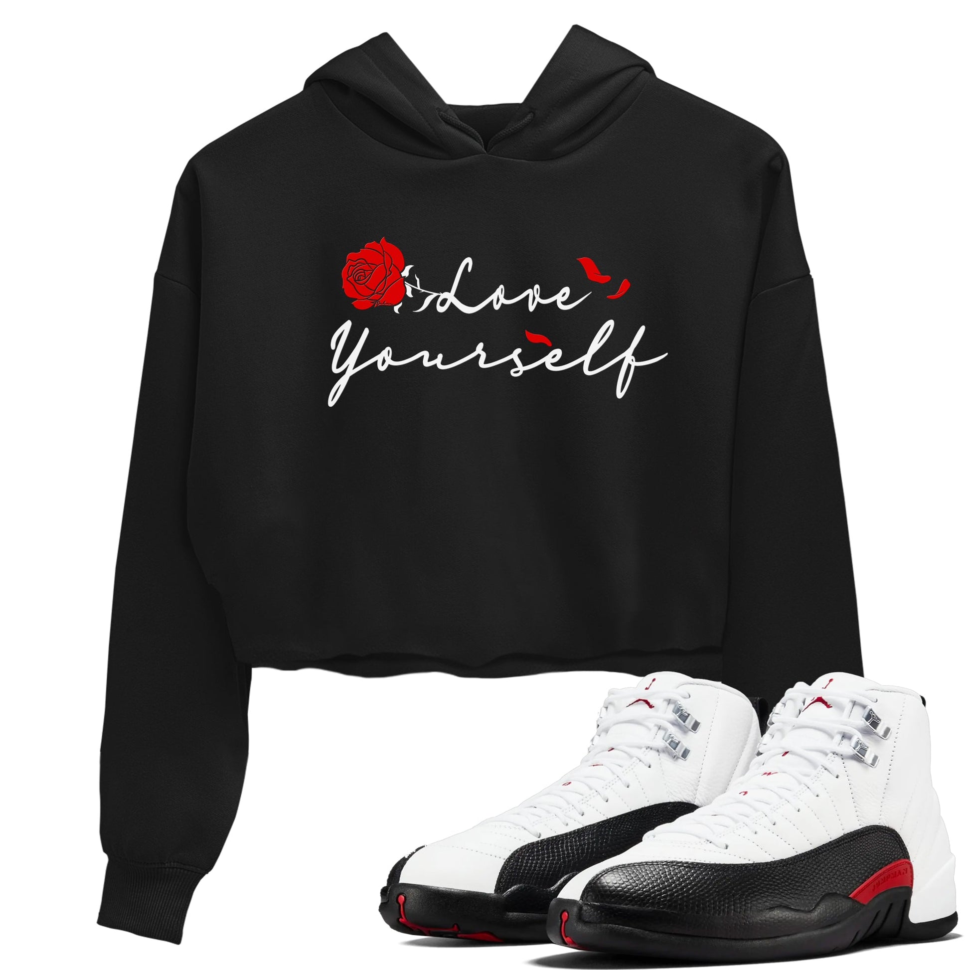 AJ12 Taxi Flip shirts to match jordans Love Yourself sneaker match tees Air Jordan 12 Taxi Flip SNRT Sneaker Tees streetwear brand Black 1 crop tee