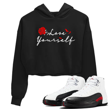 AJ12 Taxi Flip shirts to match jordans Love Yourself sneaker match tees Air Jordan 12 Taxi Flip SNRT Sneaker Tees streetwear brand Black 1 crop tee