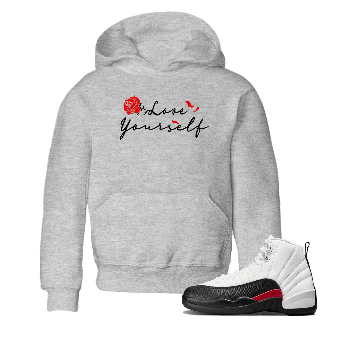 AJ12 Taxi Flip shirts to match jordans Love Yourself sneaker match tees Air Jordan 12 Taxi Flip SNRT Sneaker Tees streetwear brand Baby and Youth Heather Grey 1 cotton tee
