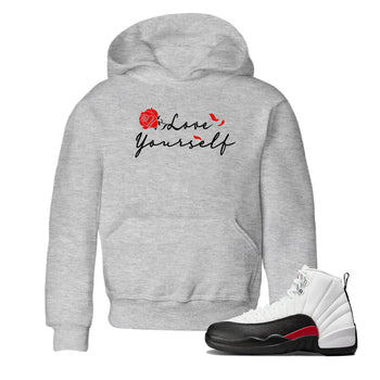 AJ12 Taxi Flip shirts to match jordans Love Yourself sneaker match tees Air Jordan 12 Taxi Flip SNRT Sneaker Tees streetwear brand Baby and Youth Heather Grey 1 cotton tee