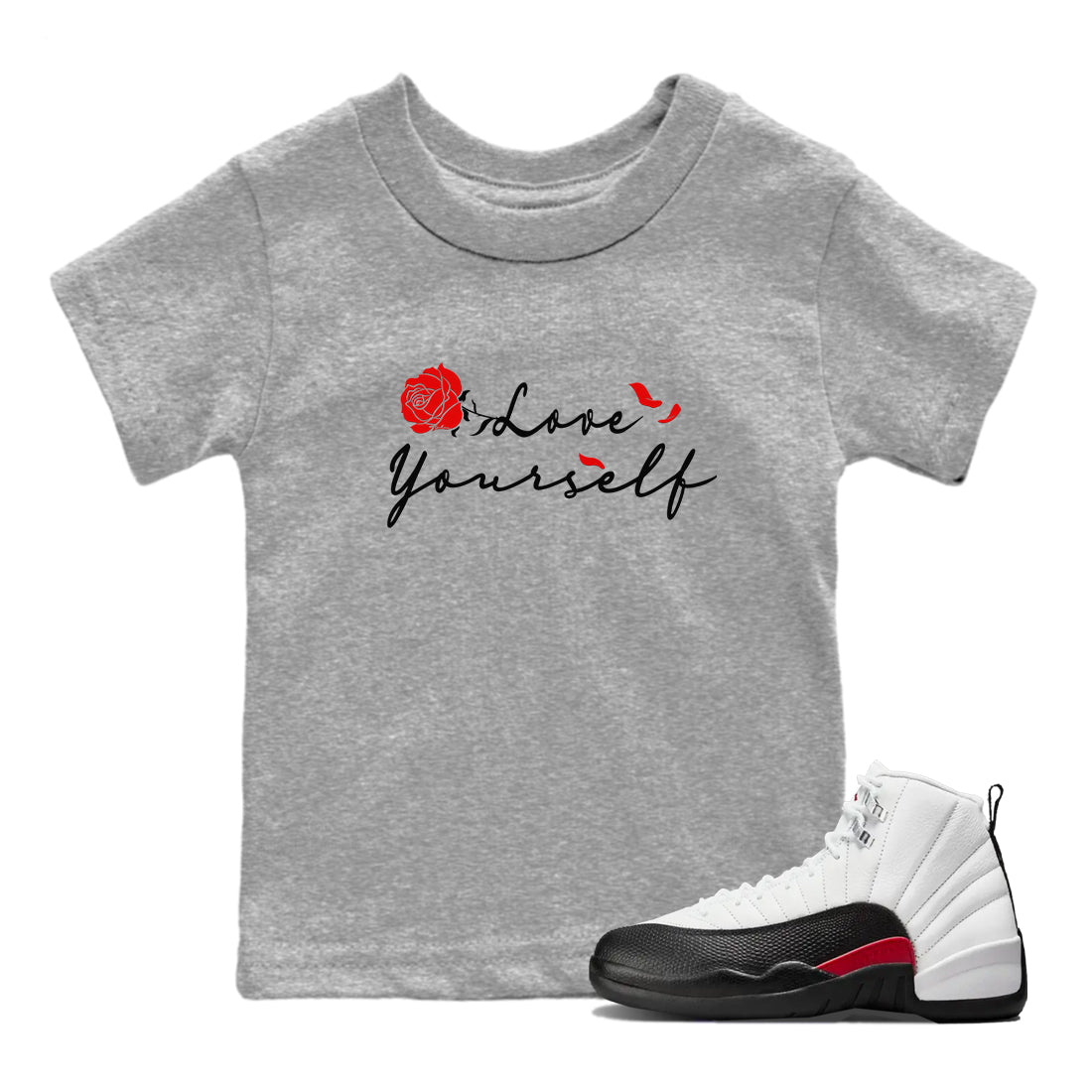 AJ12 Taxi Flip shirts to match jordans Love Yourself sneaker match tees Air Jordan 12 Taxi Flip SNRT Sneaker Tees streetwear brand Baby and Youth Heather Grey 1 cotton tee
