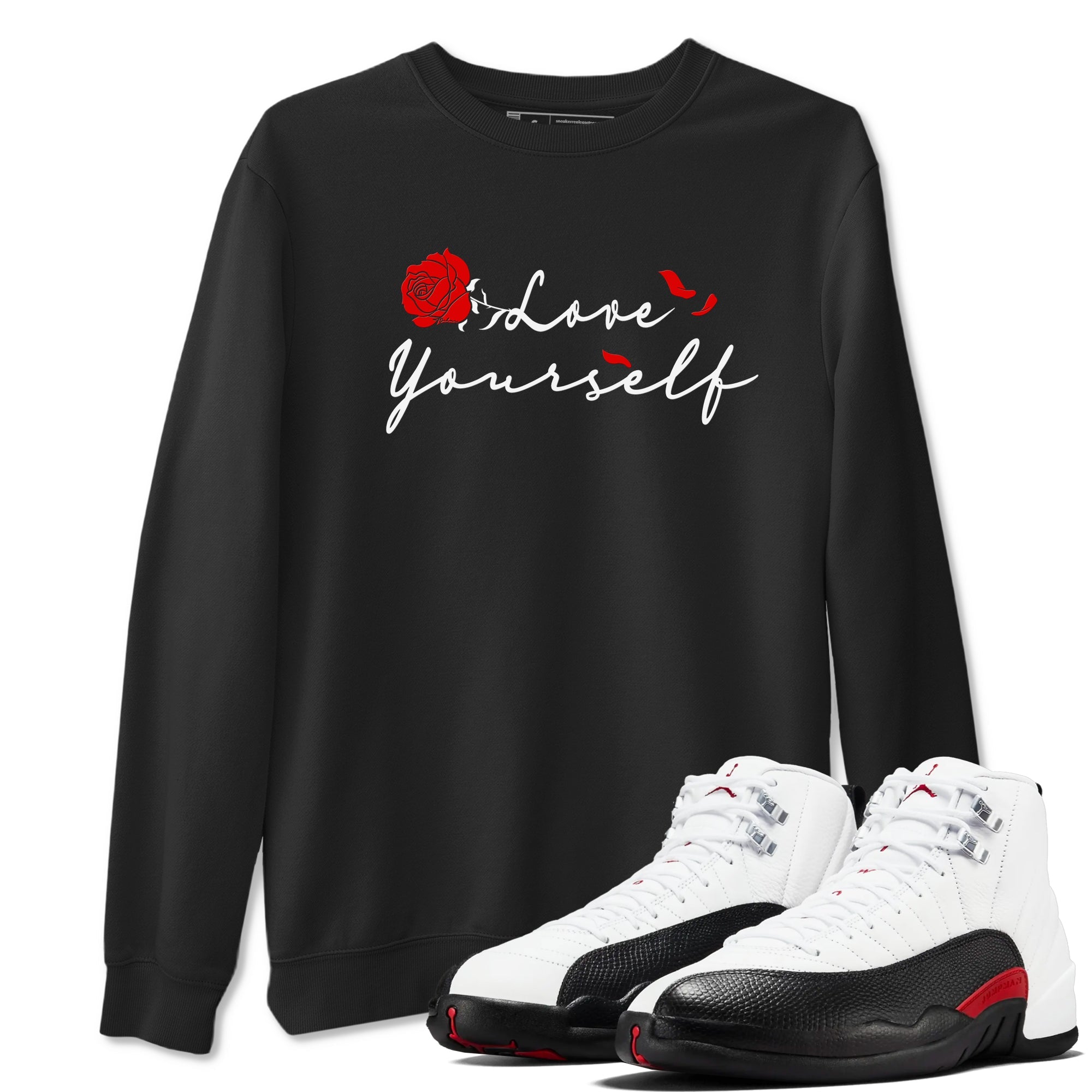 AJ12 Taxi Flip shirts to match jordans Love Yourself sneaker match tees Air Jordan 12 Taxi Flip SNRT Sneaker Tees streetwear brand Black 1 unisex cotton tee