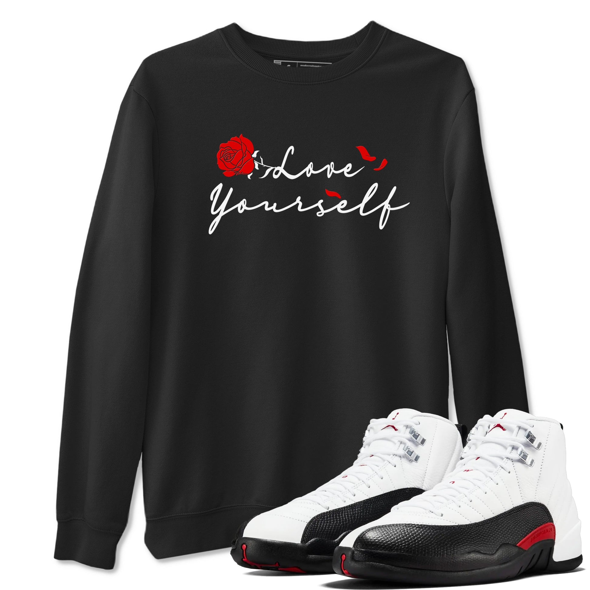 AJ12 Taxi Flip shirts to match jordans Love Yourself sneaker match tees Air Jordan 12 Taxi Flip SNRT Sneaker Tees streetwear brand Black 1 unisex cotton tee