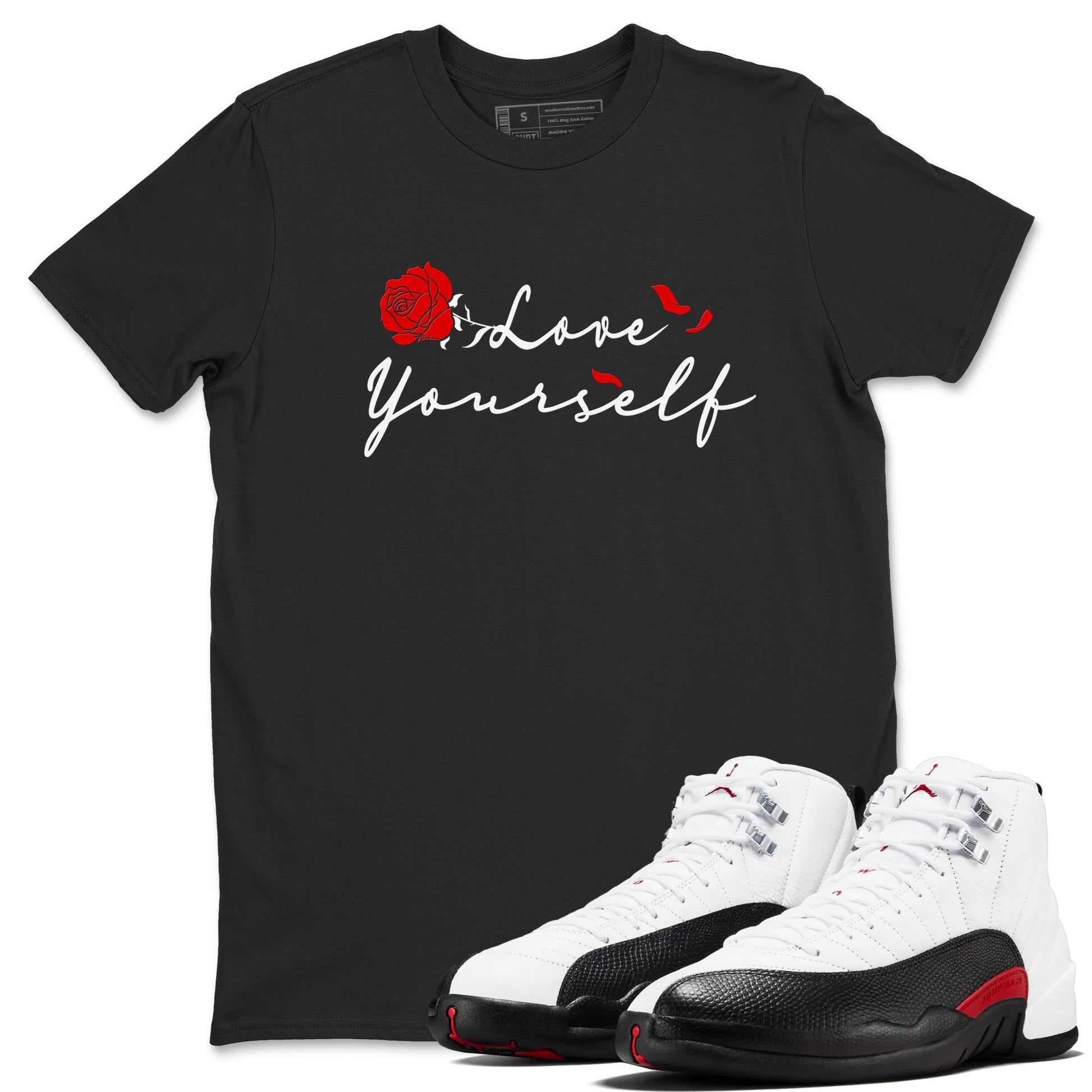 AJ12 Taxi Flip shirts to match jordans Love Yourself sneaker match tees Air Jordan 12 Taxi Flip SNRT Sneaker Tees streetwear brand Black 1 unisex cotton tee