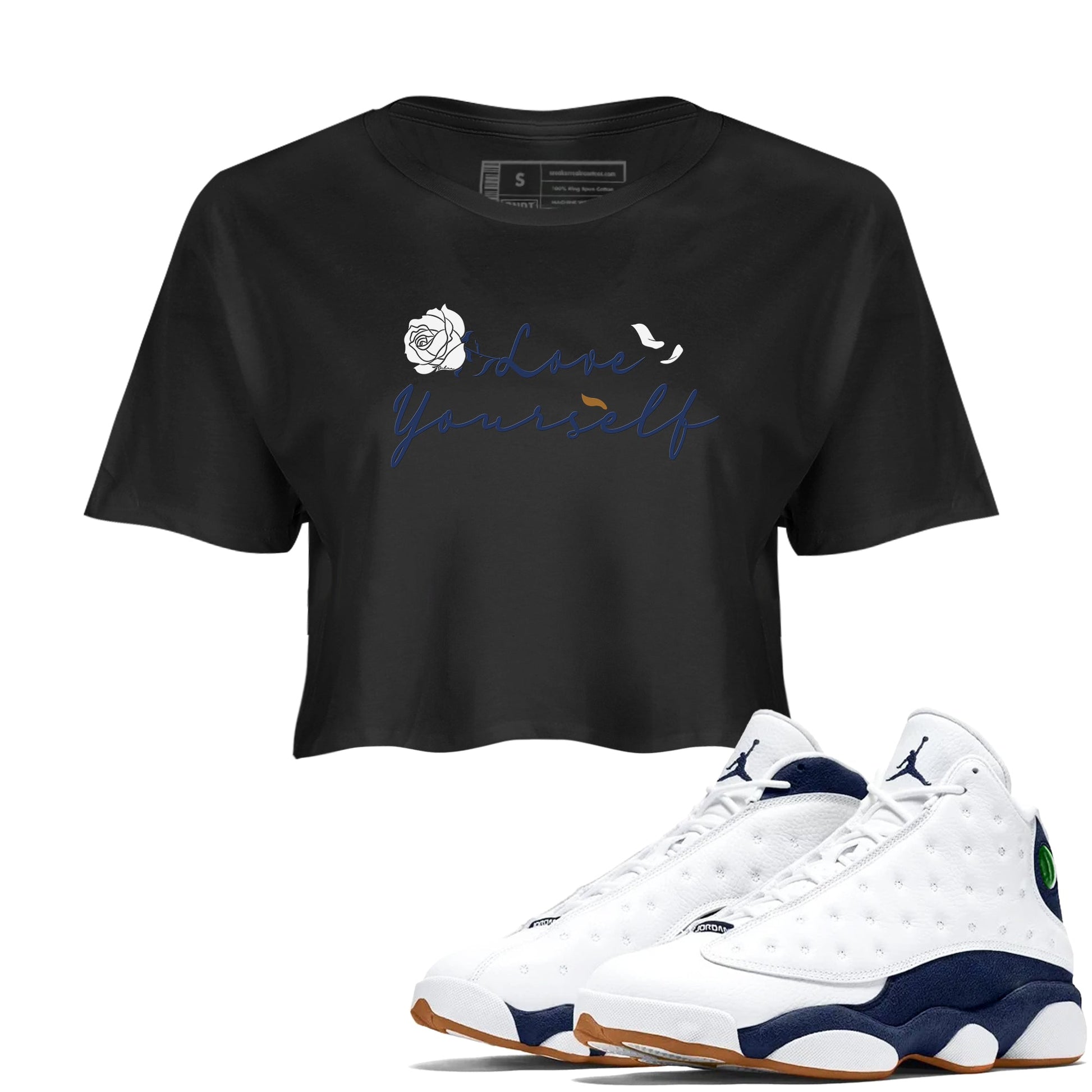 13s Midnight Navy shirts to match jordans Love Yourself sneaker match tees Air Jordan 13 Midnight Navy SNRT Sneaker Release Tees unisex cotton Black 1 Crop Shirts