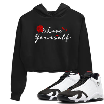 14s Black Toe shirts to match jordans Love Yourself sneaker match tees Air Jordan 14 Black Toe match shoes to clothes SNRT Sneaker Tees unisex cotton Black 1 crop tee