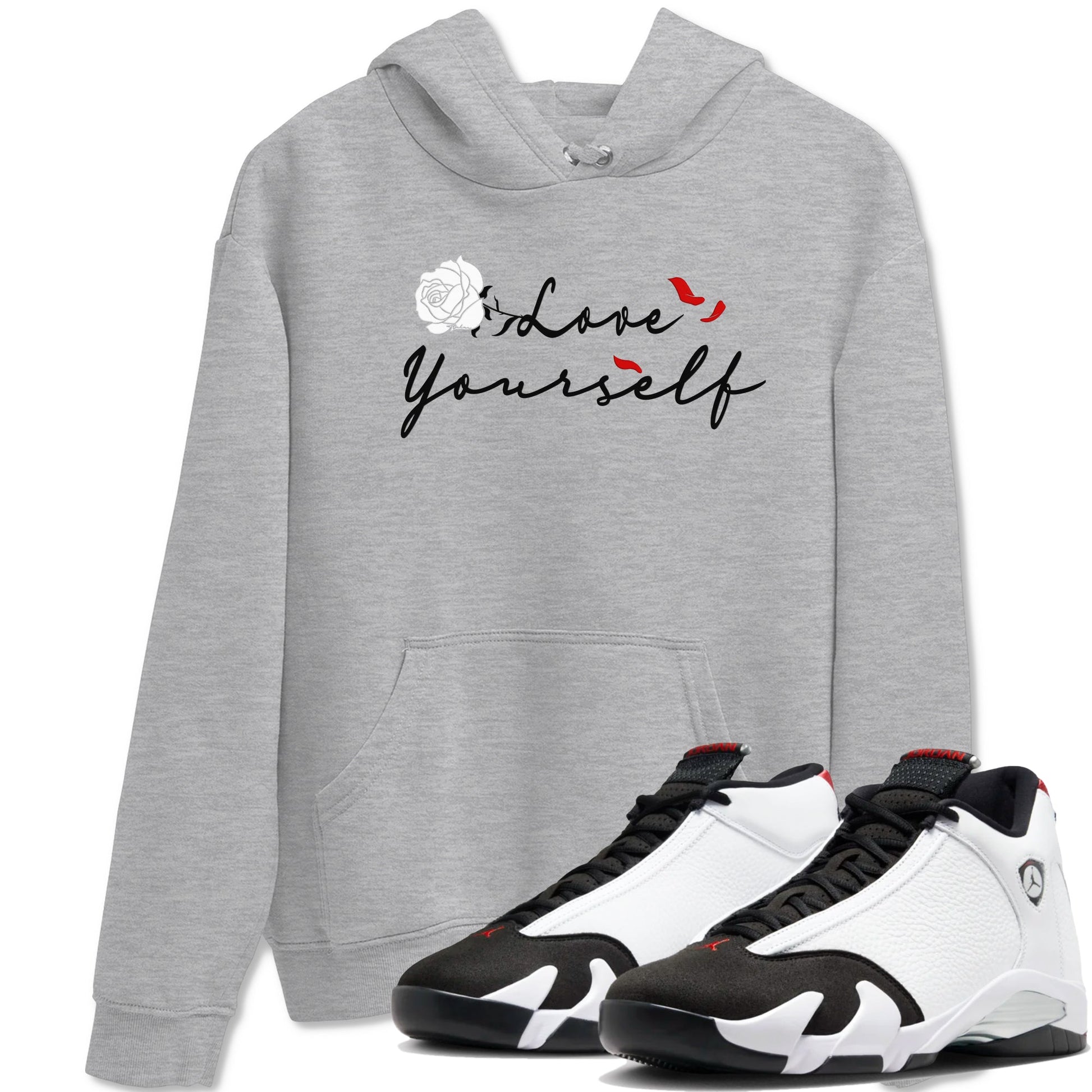 14s Black Toe shirts to match jordans Love Yourself sneaker match tees Air Jordan 14 Black Toe match shoes to clothes SNRT Sneaker Tees unisex cotton Heather Grey 1 shirts