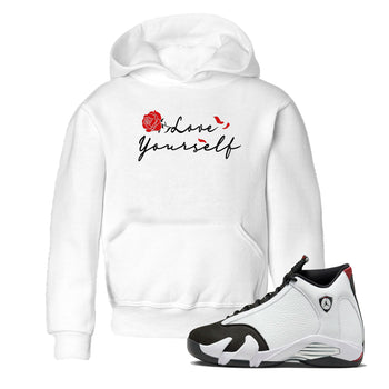 14s Black Toe shirts to match jordans Love Yourself sneaker match tees Air Jordan 14 Black Toe match shoes to clothes SNRT Sneaker Tees Youth Baby White 1 tee