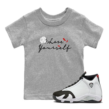 14s Black Toe shirts to match jordans Love Yourself sneaker match tees Air Jordan 14 Black Toe match shoes to clothes SNRT Sneaker Tees Youth Baby Heather Grey 1 tee