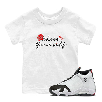 14s Black Toe shirts to match jordans Love Yourself sneaker match tees Air Jordan 14 Black Toe match shoes to clothes SNRT Sneaker Tees Youth Baby White 1 tee