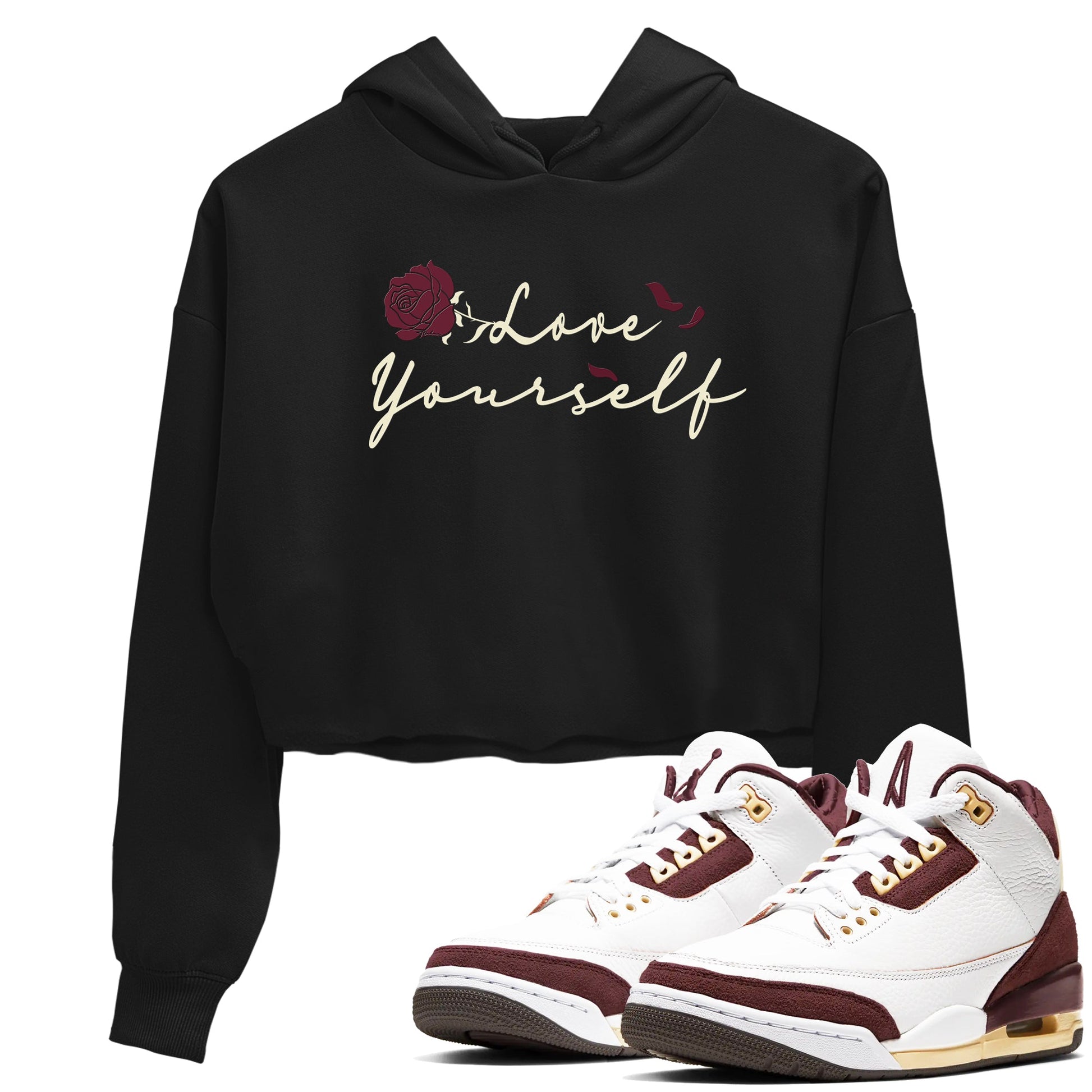3s A Ma Maniere x Burgundy Crush shirts to match jordans Love Yourself sneaker match tees Air Jordan 3 A Ma Maniere x Burgundy Crush SNRT Sneaker Tees streetwear brand Black 1 crop tee