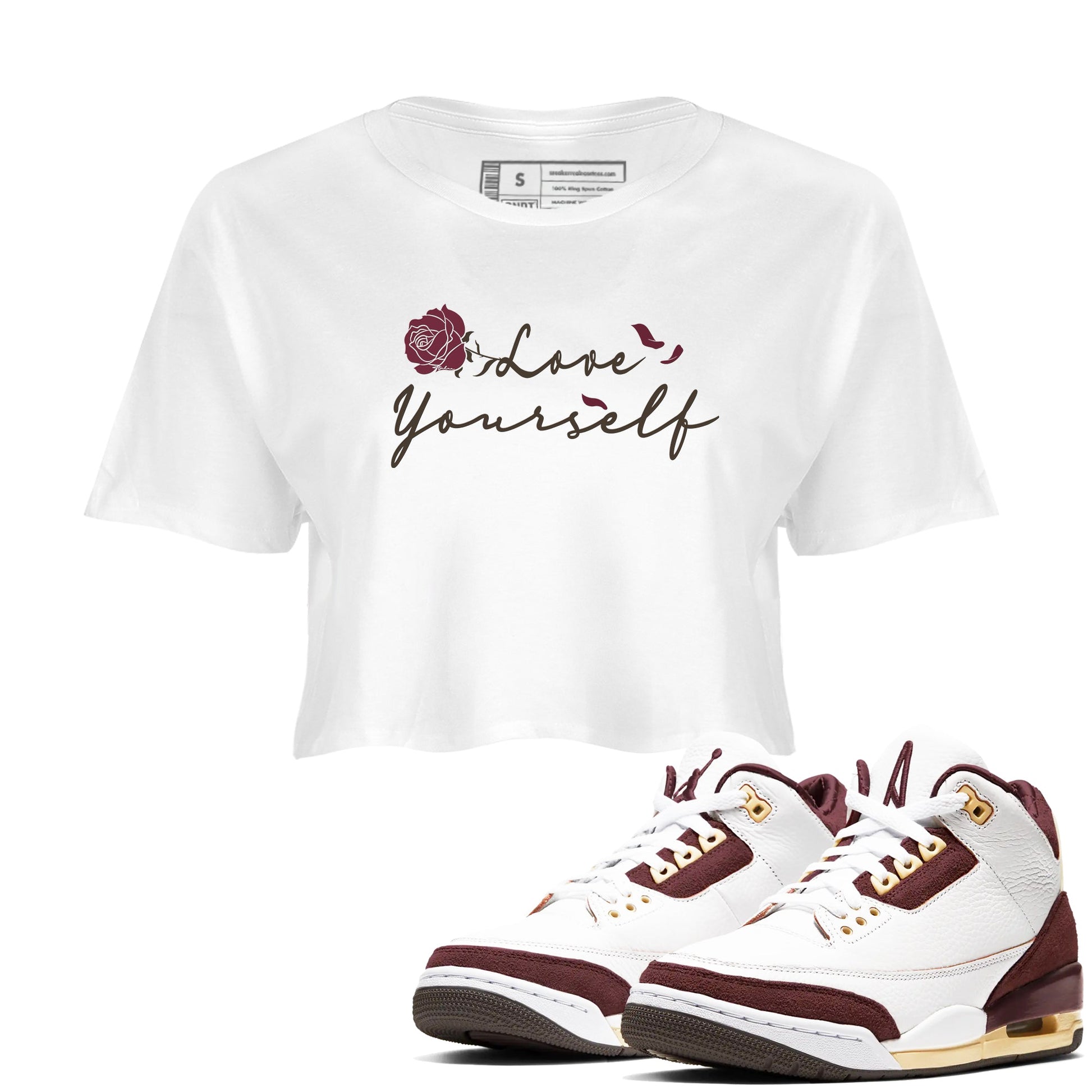 3s A Ma Maniere x Burgundy Crush shirts to match jordans Love Yourself sneaker match tees Air Jordan 3 A Ma Maniere x Burgundy Crush SNRT Sneaker Tees streetwear brand White 1 crop tee