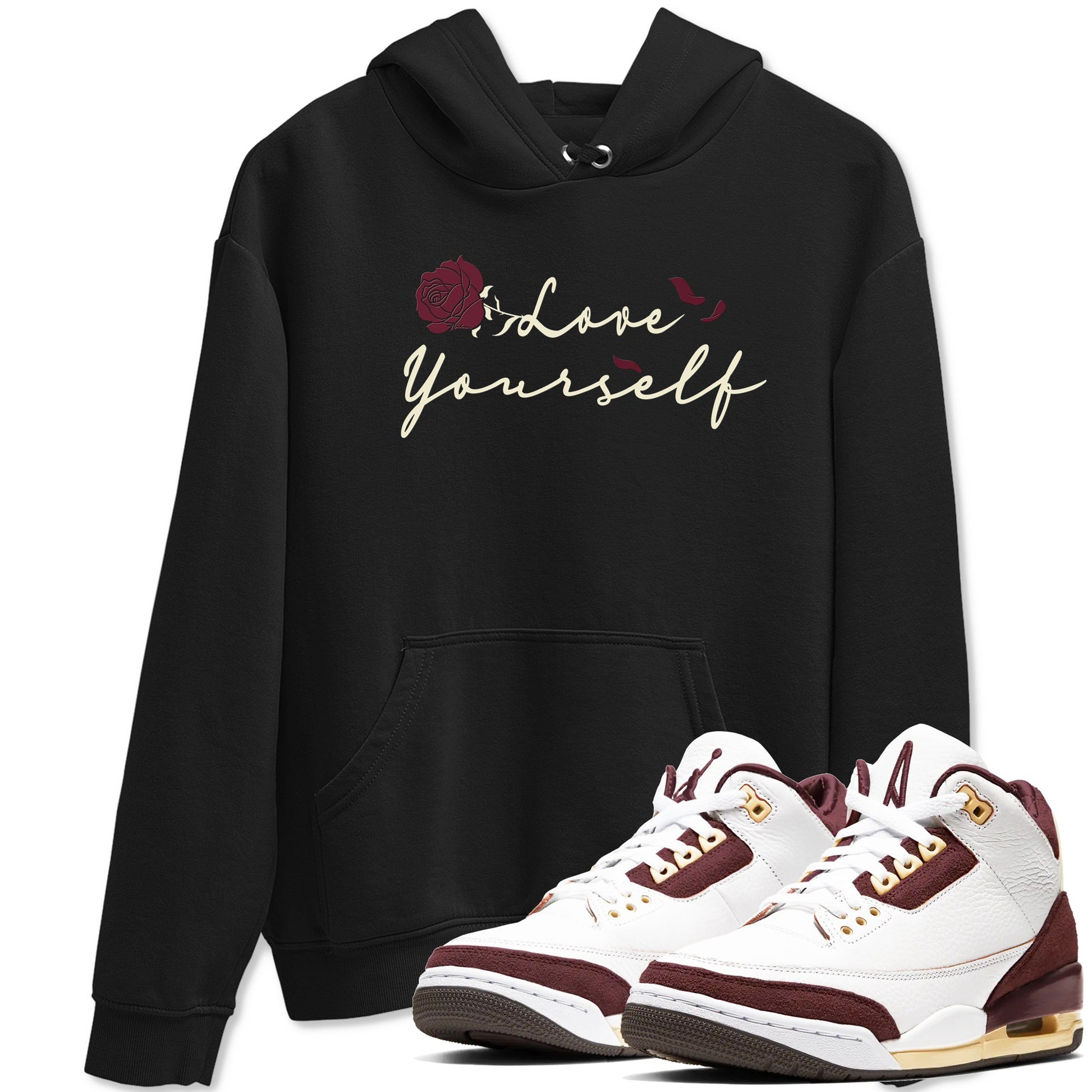 3s A Ma Maniere x Burgundy Crush shirts to match jordans Love Yourself sneaker match tees Air Jordan 3 A Ma Maniere x Burgundy Crush SNRT Sneaker Tees streetwear brand Black 1 unisex cotton tee