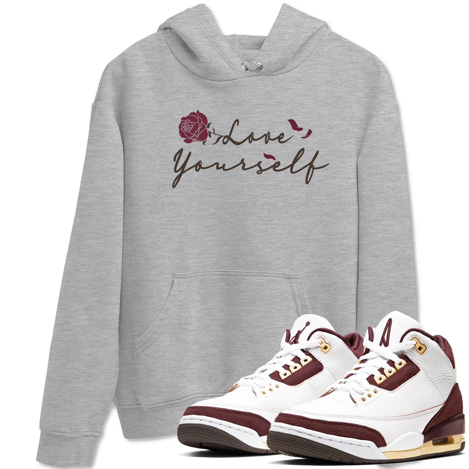 3s A Ma Maniere x Burgundy Crush shirts to match jordans Love Yourself sneaker match tees Air Jordan 3 A Ma Maniere x Burgundy Crush SNRT Sneaker Tees streetwear brand Heather Grey 1 unisex cotton tee