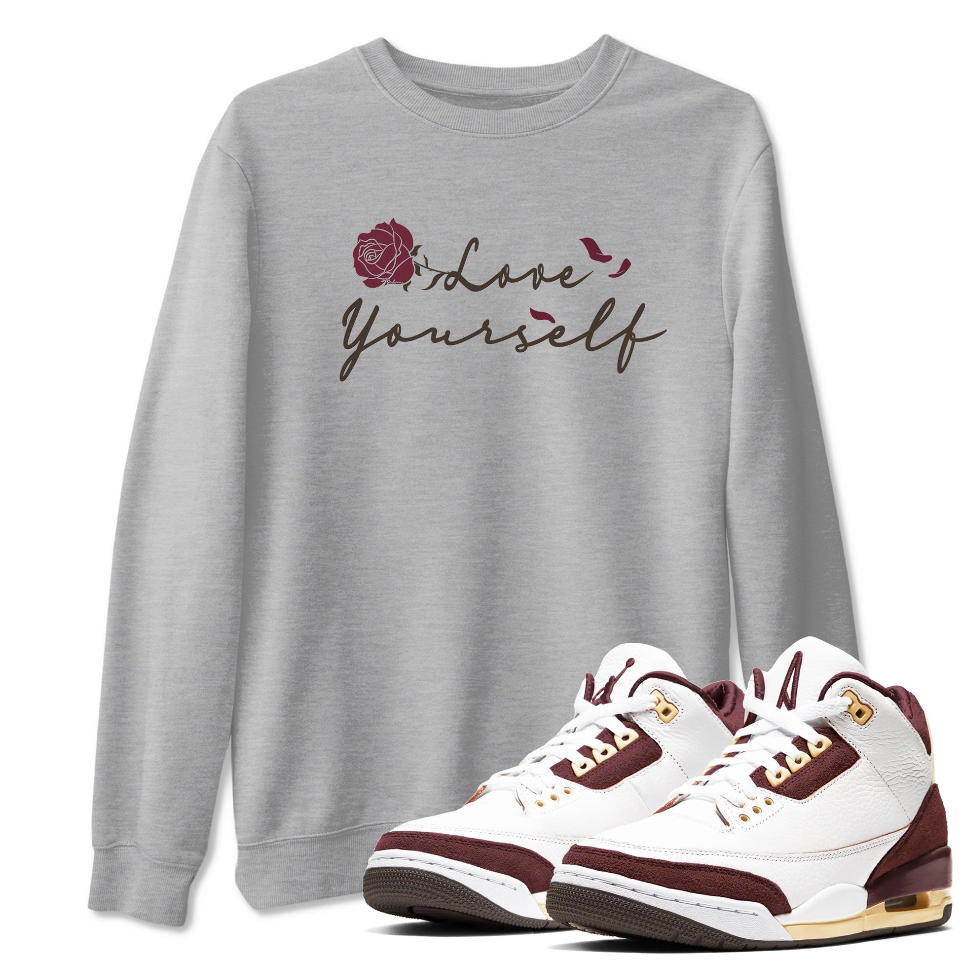 3s A Ma Maniere x Burgundy Crush shirts to match jordans Love Yourself sneaker match tees Air Jordan 3 A Ma Maniere x Burgundy Crush SNRT Sneaker Tees streetwear brand Heather Grey 1 unisex cotton tee