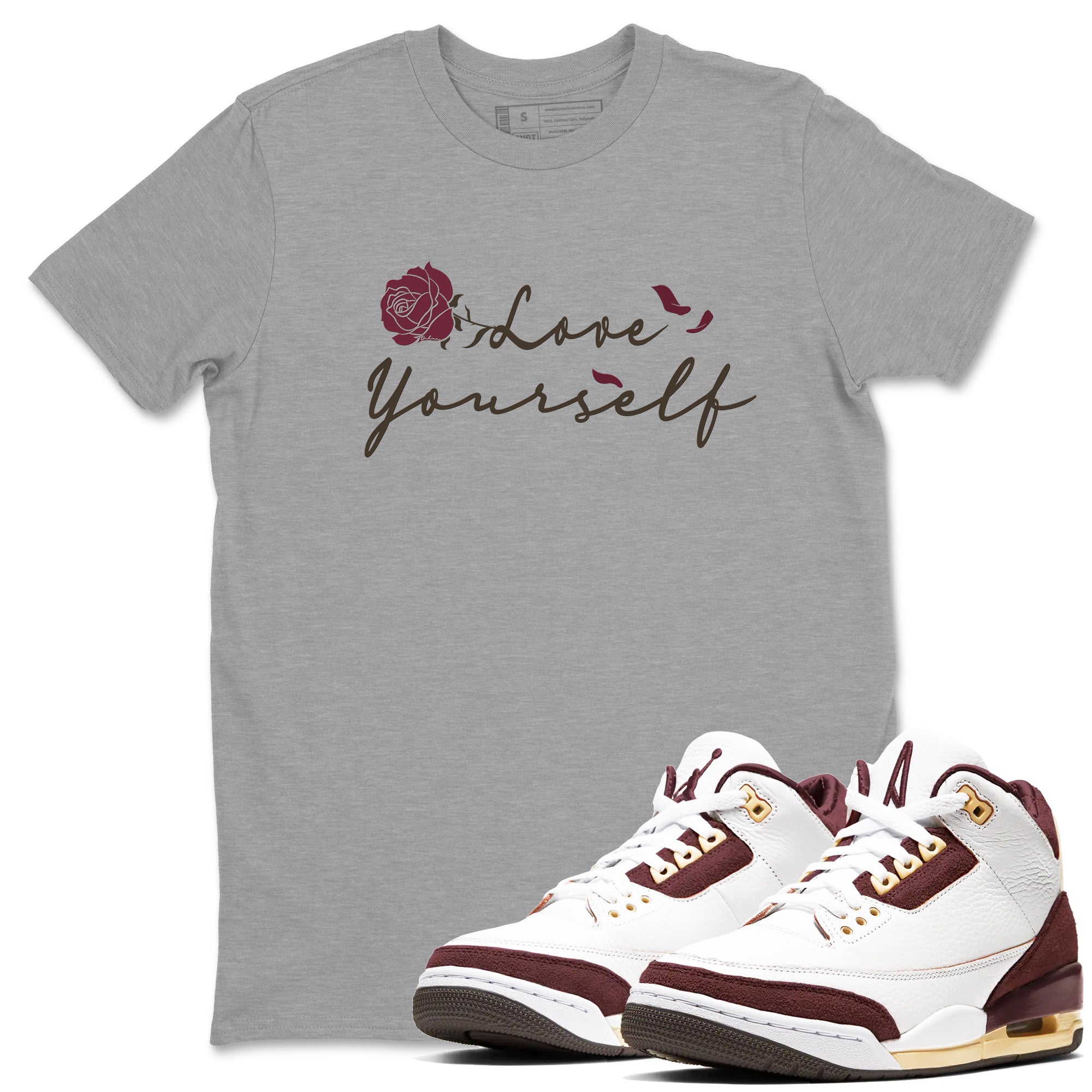 3s A Ma Maniere x Burgundy Crush shirts to match jordans Love Yourself sneaker match tees Air Jordan 3 A Ma Maniere x Burgundy Crush SNRT Sneaker Tees streetwear brand Heather Grey 1 unisex cotton tee