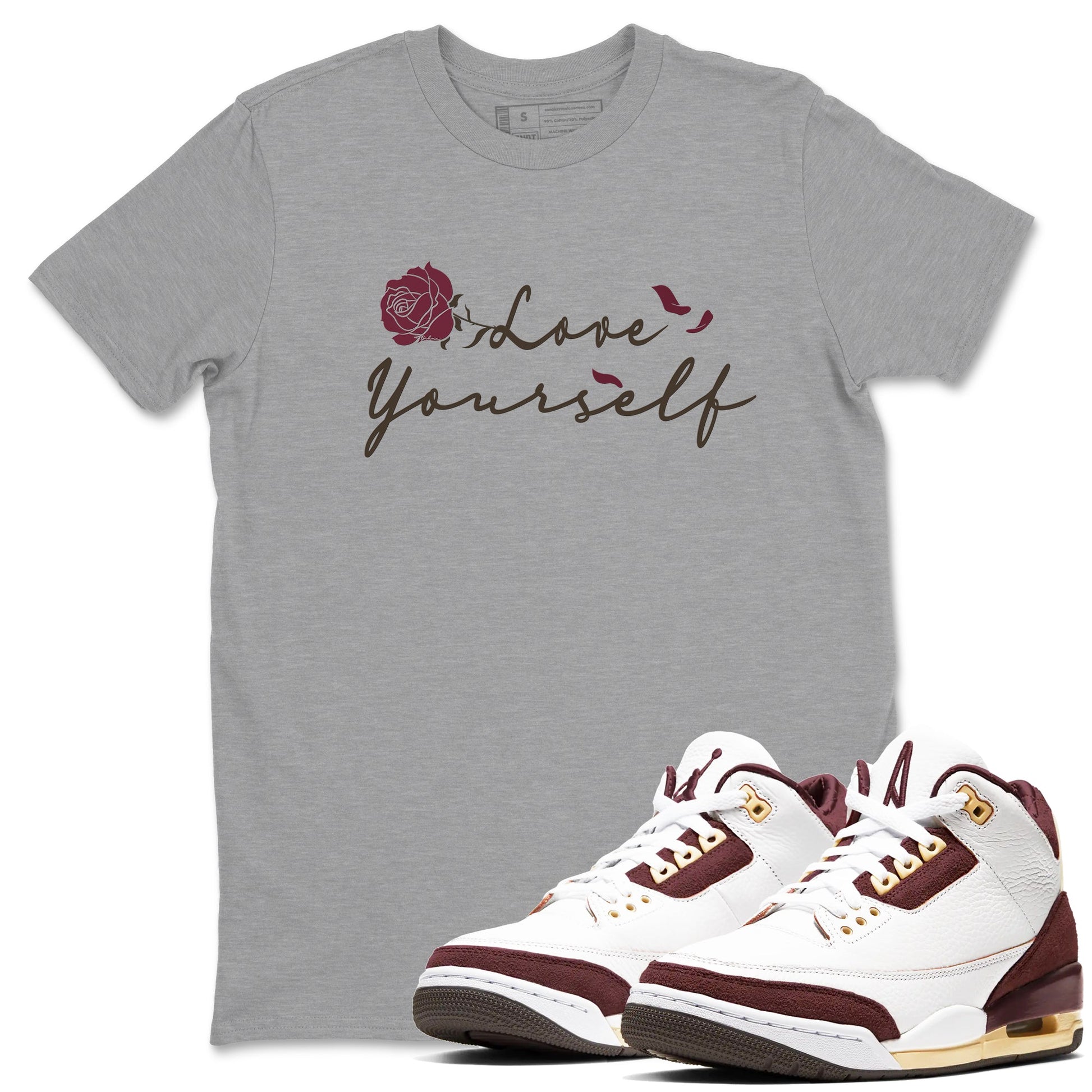 3s A Ma Maniere x Burgundy Crush shirts to match jordans Love Yourself sneaker match tees Air Jordan 3 A Ma Maniere x Burgundy Crush SNRT Sneaker Tees streetwear brand Heather Grey 1 unisex cotton tee