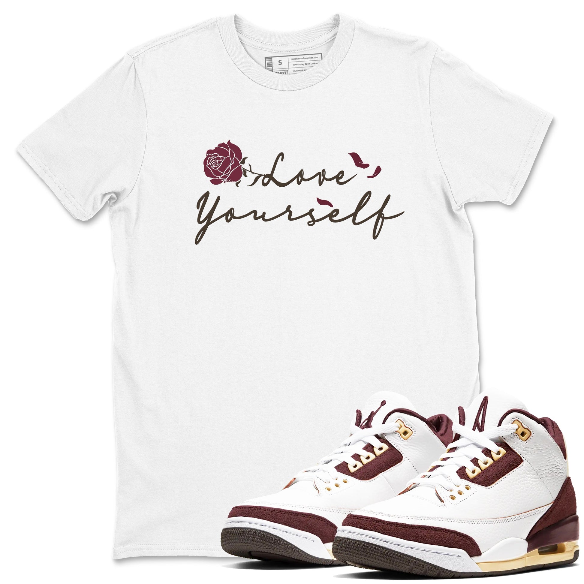 3s A Ma Maniere x Burgundy Crush shirts to match jordans Love Yourself sneaker match tees Air Jordan 3 A Ma Maniere x Burgundy Crush SNRT Sneaker Tees streetwear brand White 1 unisex cotton tee