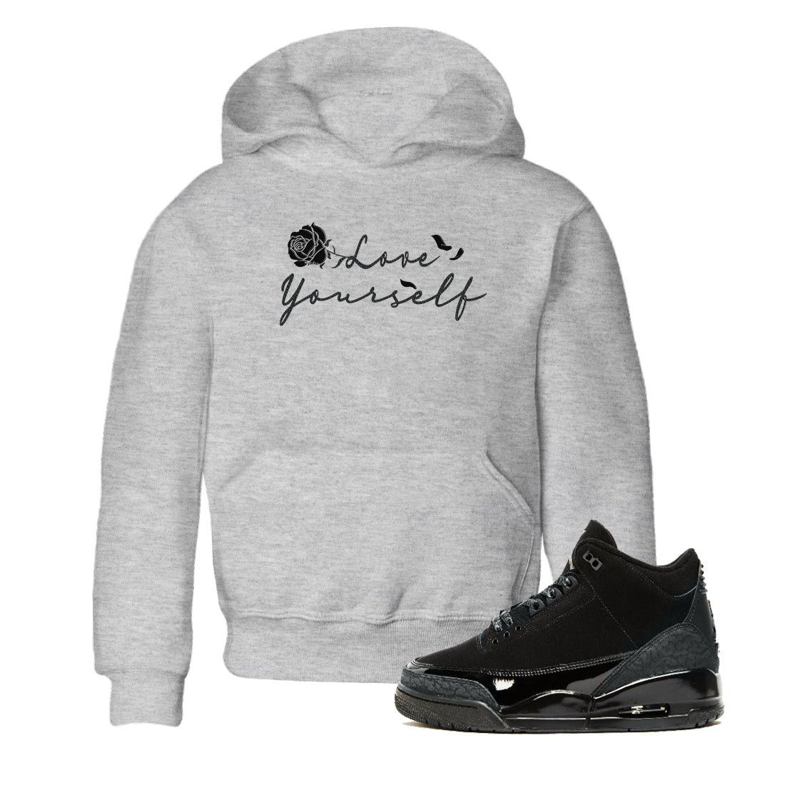 3s Black Cat shirts to match jordans Love Yourself best t shirts to wear with jordans Air Jordan 3 Retro Black Cat match shoes to clothes SNRT Sneaker Tees Youth Baby Heather Grey 1 tee