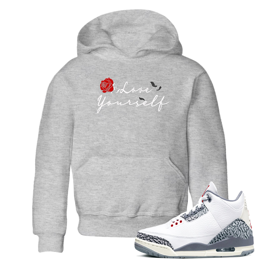 3s Cement Grey shirts to match jordans Love Yourself sneaker match tees Air Jordan 3 Cement Grey SNRT Sneaker Release Tees Youth Baby Heather Grey 1 crew neck shirts