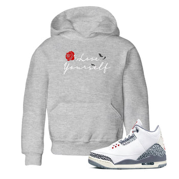 3s Cement Grey shirts to match jordans Love Yourself sneaker match tees Air Jordan 3 Cement Grey SNRT Sneaker Release Tees Youth Baby Heather Grey 1 crew neck shirts