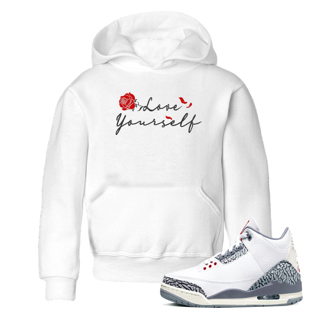 3s Cement Grey shirts to match jordans Love Yourself sneaker match tees Air Jordan 3 Cement Grey SNRT Sneaker Release Tees Youth Baby White 1 crew neck shirts