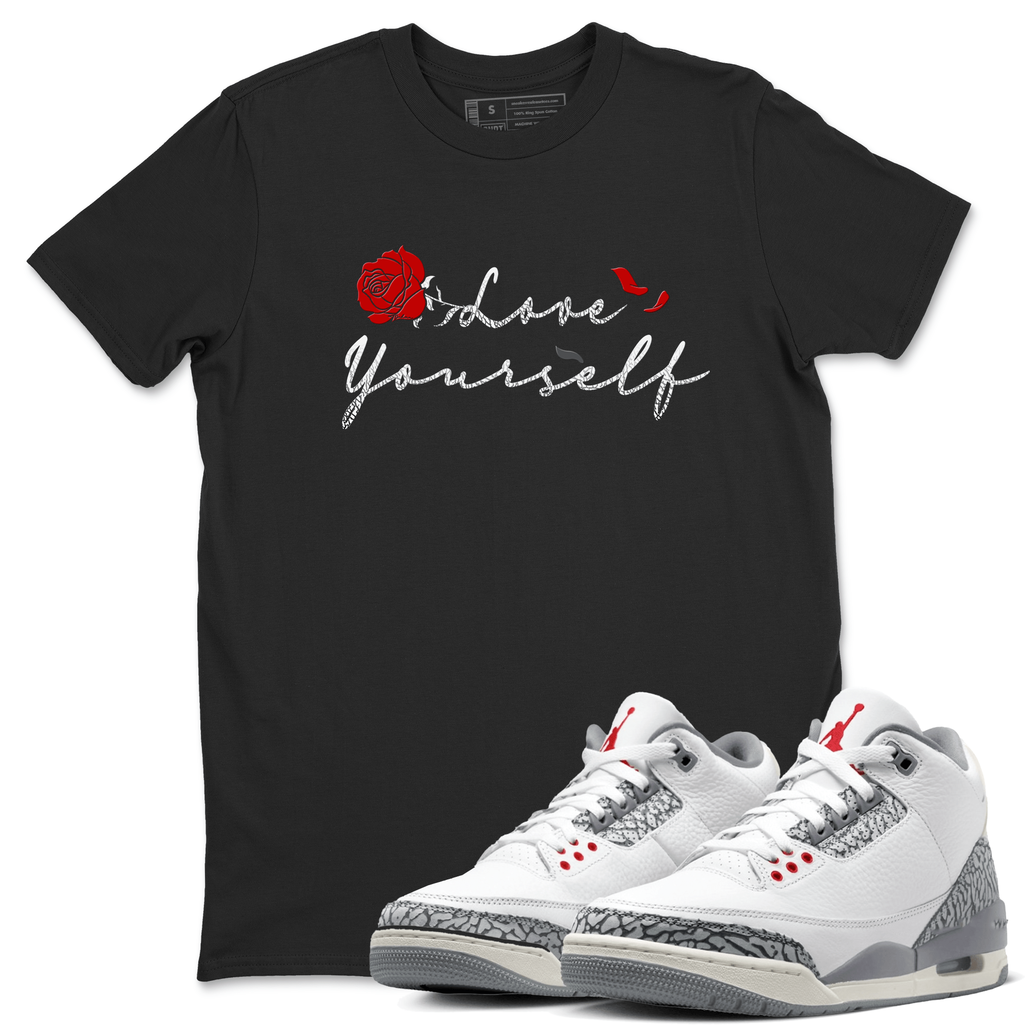 3s Cement Grey shirts to match jordans Love Yourself sneaker match tees Air Jordan 3 Cement Grey SNRT Sneaker Release Tees unisex cotton Black 1 crew neck shirts