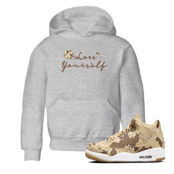 3s Desert Camo shirts to match jordans Love Yourself sneaker match tees Air Jordan 3 Desert Camo SNRT Sneaker Tees streetwear brand Baby and Youth Heather Grey 1 cotton tee