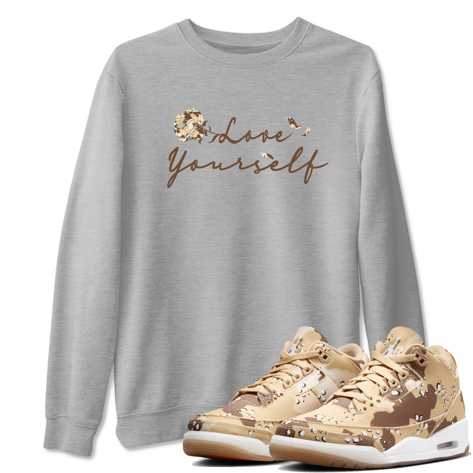 3s Desert Camo shirts to match jordans Love Yourself sneaker match tees Air Jordan 3 Desert Camo SNRT Sneaker Tees streetwear brand Heather Grey 1 unisex cotton tee