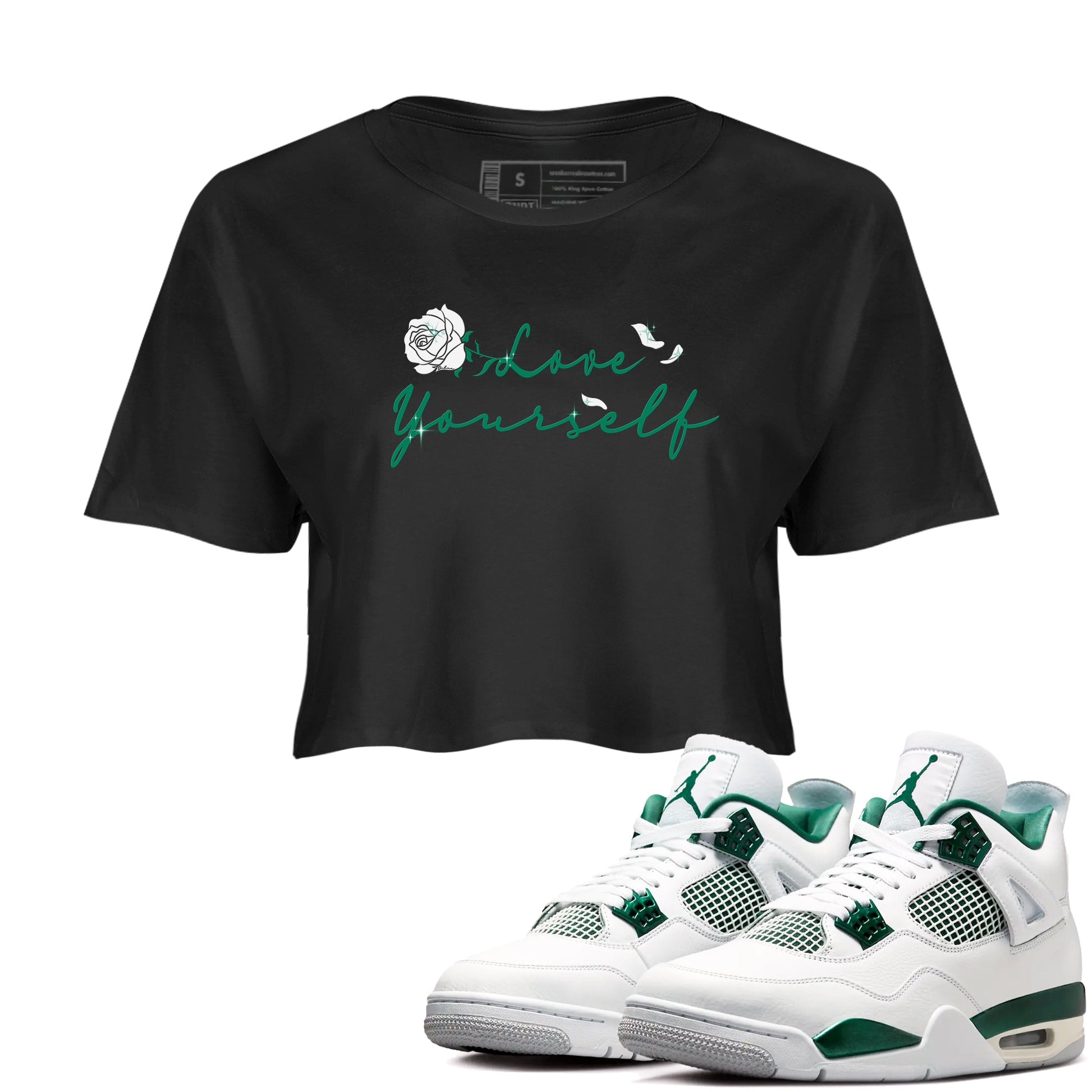 4s Oxidized Green shirts to match jordans Love Yourself sneaker match tees Air Jordan 4 Oxidized Green SNRT Sneaker Tees streetwear brand Black 1 crop tee