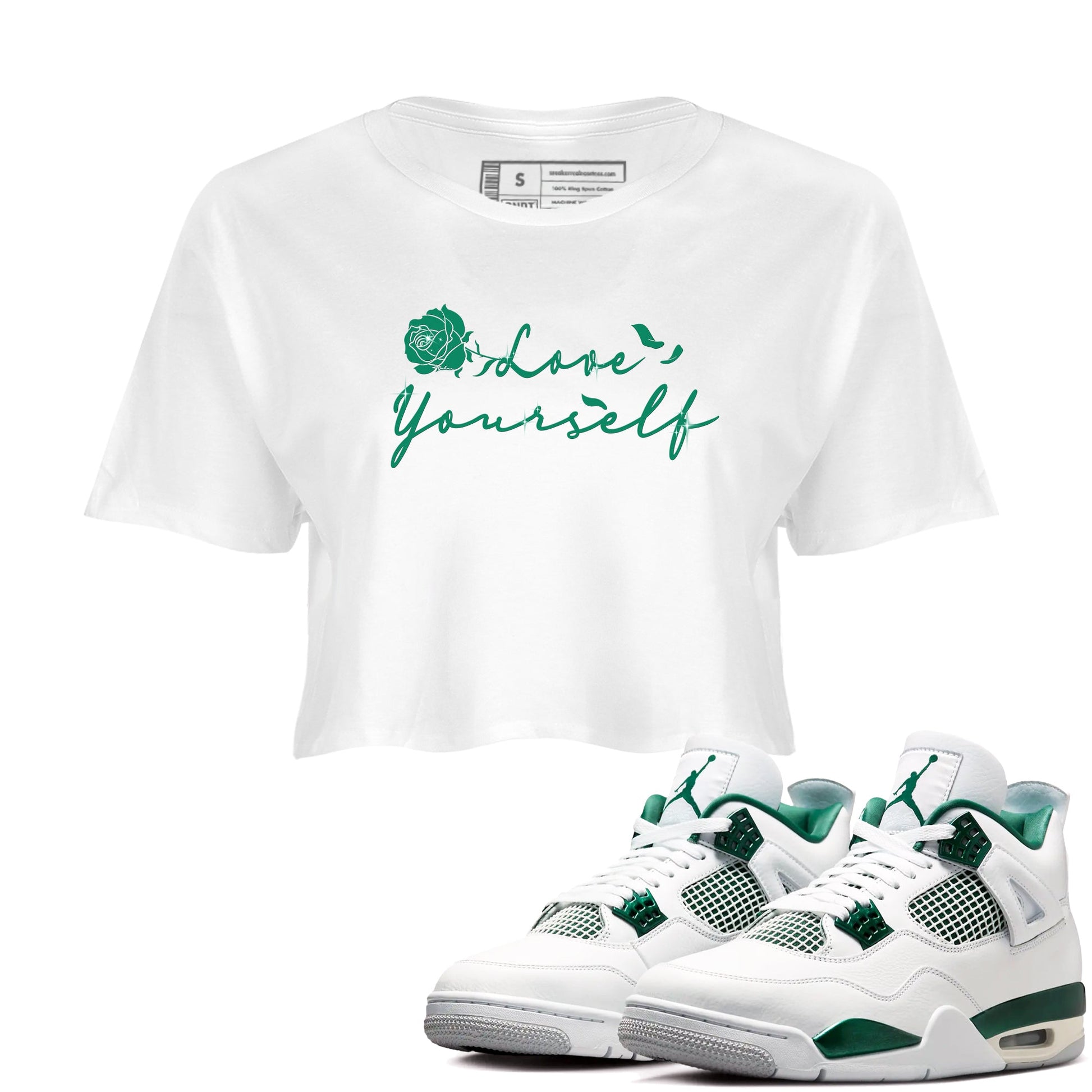 4s Oxidized Green shirts to match jordans Love Yourself sneaker match tees Air Jordan 4 Oxidized Green SNRT Sneaker Tees streetwear brand White 1 crop tee