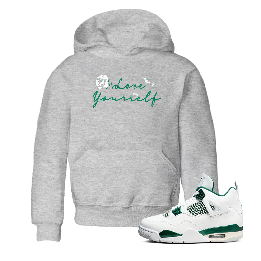 4s Oxidized Green shirts to match jordans Love Yourself sneaker match tees Air Jordan 4 Oxidized Green SNRT Sneaker Tees streetwear brand Baby and Youth Heather Grey 1 cotton tee