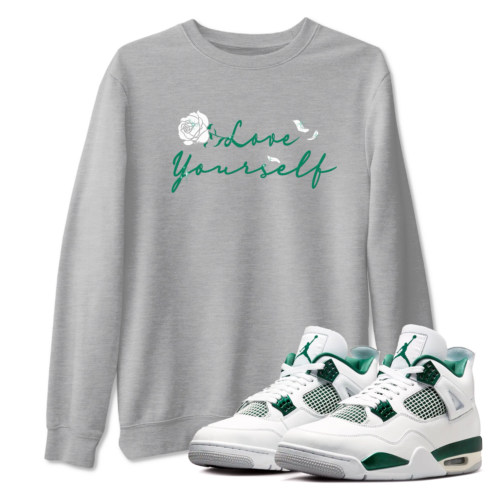 4s Oxidized Green shirts to match jordans Love Yourself sneaker match tees Air Jordan 4 Oxidized Green SNRT Sneaker Tees streetwear brand Heather Grey 1 unisex cotton tee