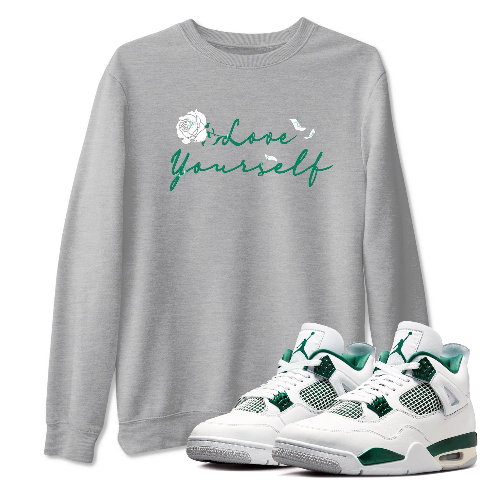 4s Oxidized Green shirts to match jordans Love Yourself sneaker match tees Air Jordan 4 Oxidized Green SNRT Sneaker Tees streetwear brand Heather Grey 1 unisex cotton tee