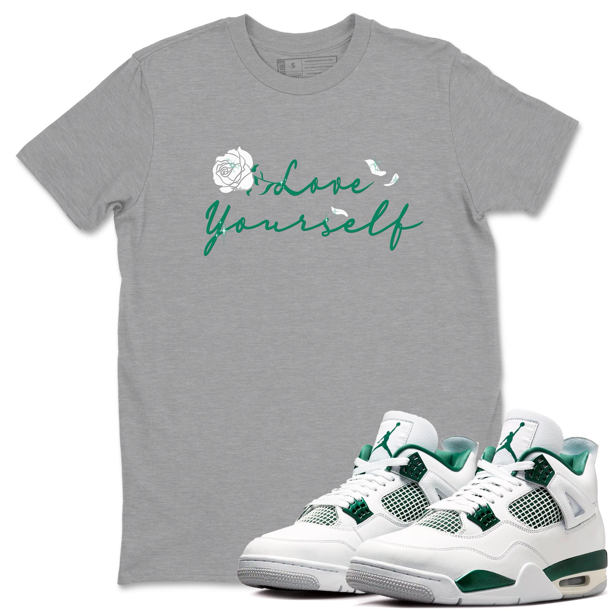 4s Oxidized Green shirts to match jordans Love Yourself sneaker match tees Air Jordan 4 Oxidized Green SNRT Sneaker Tees streetwear brand Heather Grey 1 unisex cotton tee