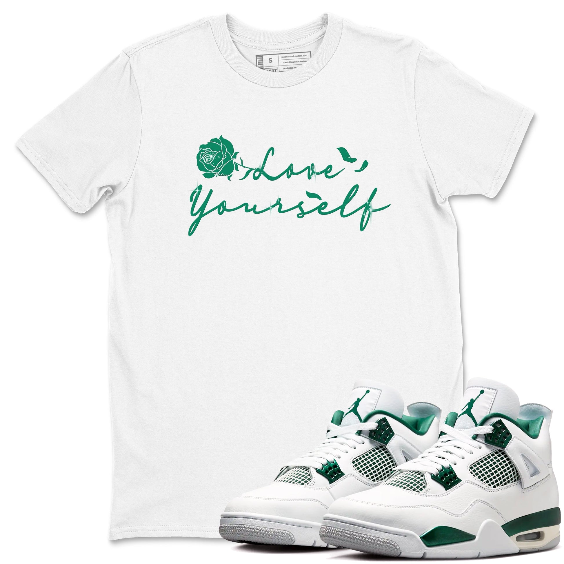 4s Oxidized Green shirts to match jordans Love Yourself sneaker match tees Air Jordan 4 Oxidized Green SNRT Sneaker Tees streetwear brand White 1 unisex cotton tee