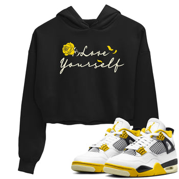 4s Vivid Sulfur shirt to match jordans Love Yourself sneaker tees Air Jordan 4 Vivid Sulfur SNRT Sneaker Release Tees Black 1 crop length shirt