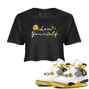 4s Vivid Sulfur shirt to match jordans Love Yourself sneaker tees Air Jordan 4 Vivid Sulfur SNRT Sneaker Release Tees Black 1 crop length shirt