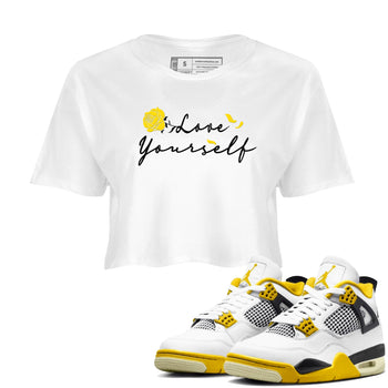 4s Vivid Sulfur shirt to match jordans Love Yourself sneaker tees Air Jordan 4 Vivid Sulfur SNRT Sneaker Release Tees White 1 crop length shirt