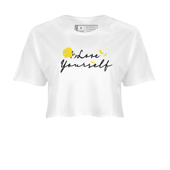 4s Vivid Sulfur shirt to match jordans Love Yourself sneaker tees Air Jordan 4 Vivid Sulfur SNRT Sneaker Release Tees White 2 crop length shirt