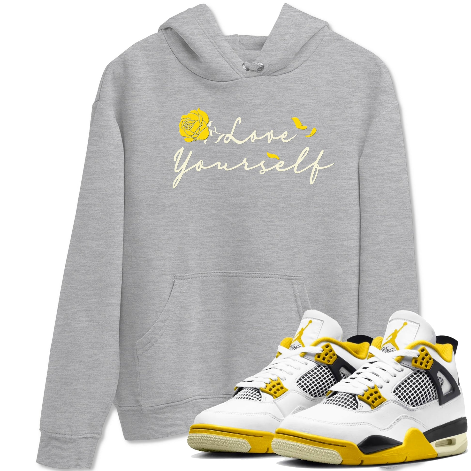 4s Vivid Sulfur shirt to match jordans Love Yourself sneaker tees Air Jordan 4 Vivid Sulfur SNRT Sneaker Release Tees unisex cotton Heather Grey 1 crew neck shirt