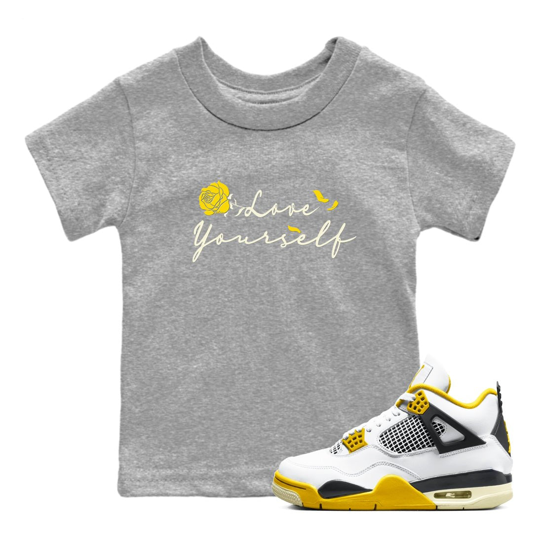 4s Vivid Sulfur shirt to match jordans Love Yourself sneaker tees Air Jordan 4 Vivid Sulfur SNRT sneaker release tees baby toddler Heather Grey 1 cotton Shirt