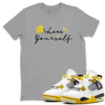 4s Vivid Sulfur shirt to match jordans Love Yourself sneaker tees Air Jordan 4 Vivid Sulfur SNRT Sneaker Release Tees unisex cotton Heather Grey 1 crew neck shirt