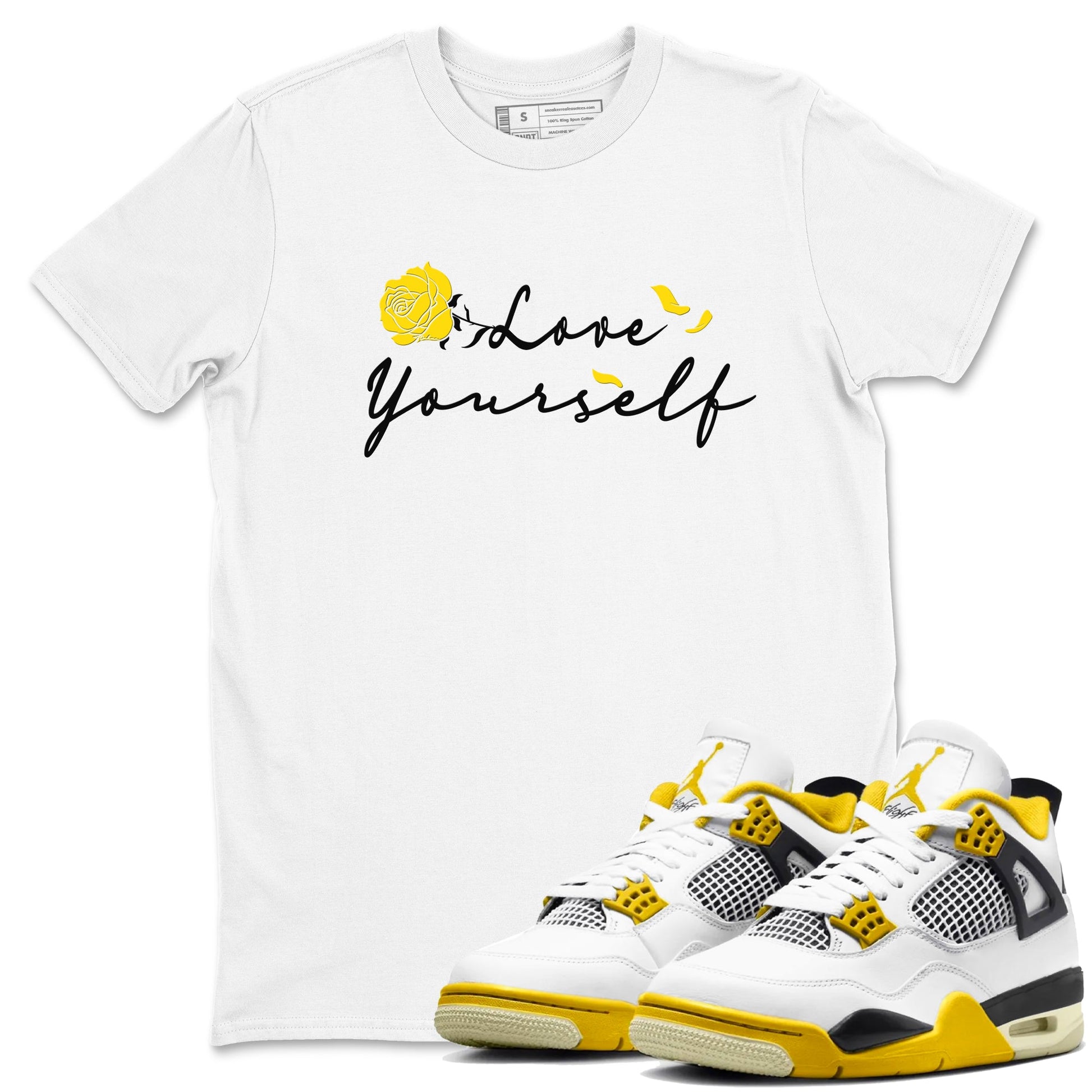4s Vivid Sulfur shirt to match jordans Love Yourself sneaker tees Air Jordan 4 Vivid Sulfur SNRT Sneaker Release Tees unisex cotton White 1 crew neck shirt