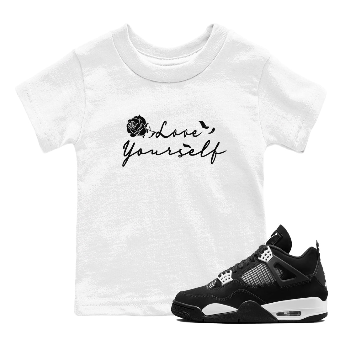 4s White Thunder shirts to match jordans Love Yourself sneaker match tees Air Jordan 4 White Thunder SNRT Sneaker Release Tees Youth Baby White 1 crew neck shirts