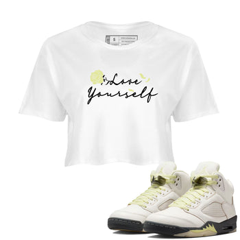 Sneaker match tees – Streetwear Graphic Tees Air Jordan 5 Luminous Green Sneakers – Love Yourself Graphic Crop T-Shirt White 1
