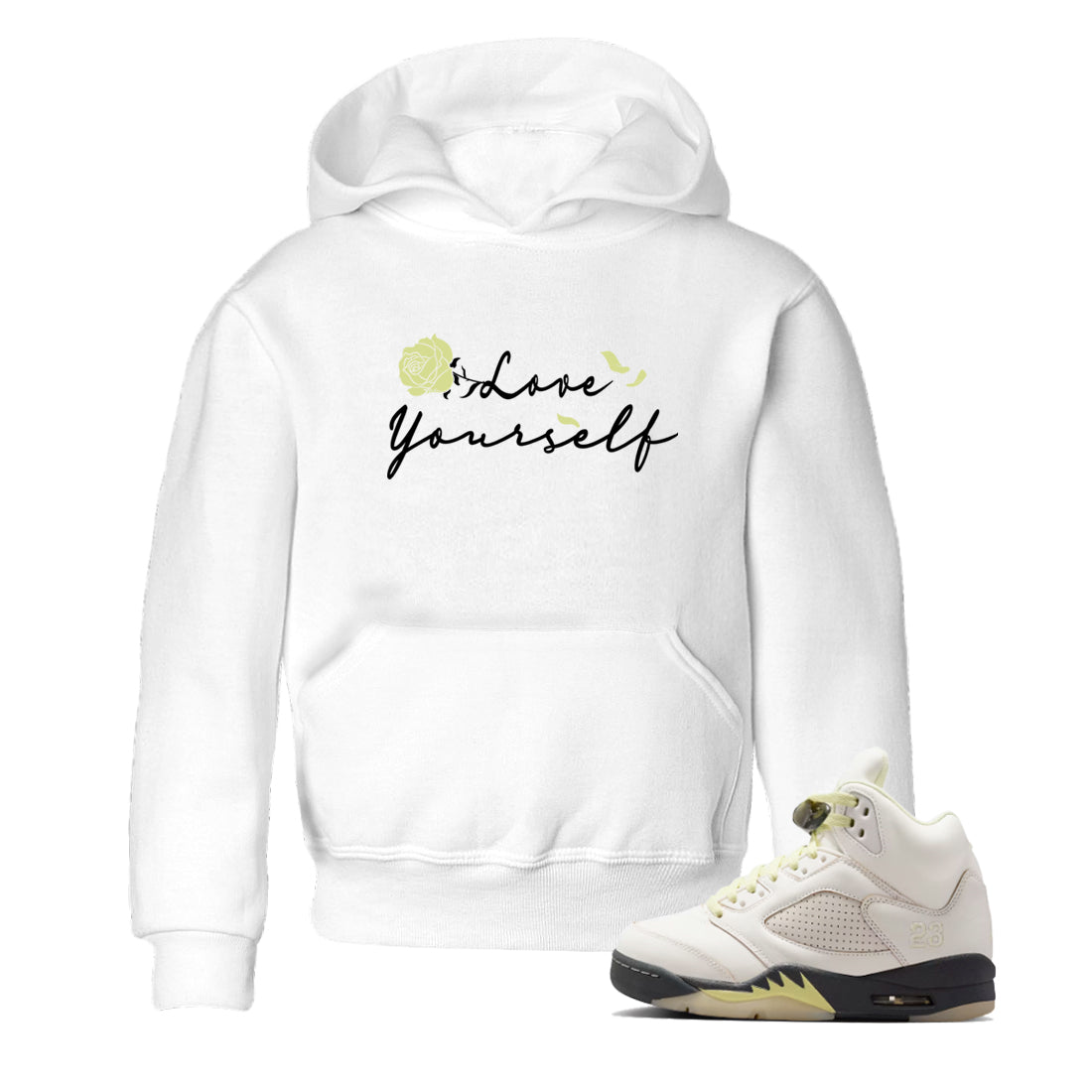 Sneaker match tees – Streetwear Graphic Tees Air Jordan 5 Luminous Green Sneakers – Love Yourself Kids Craphic T-Shirt White 1