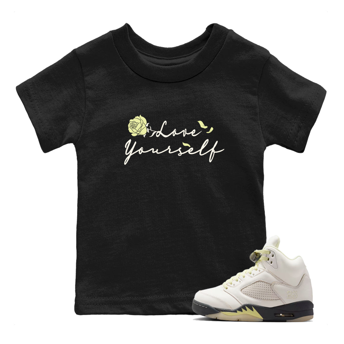 Sneaker match tees – Streetwear Graphic Tees Air Jordan 5 Luminous Green Sneakers – Love Yourself Kids Craphic T-Shirt Black 1